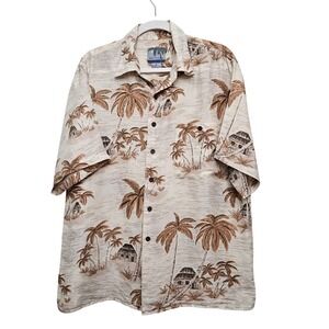 Silk Traders Hawaiian Shirt Mens Medium Tan Brown 100% Silk Tropical Palm Tree